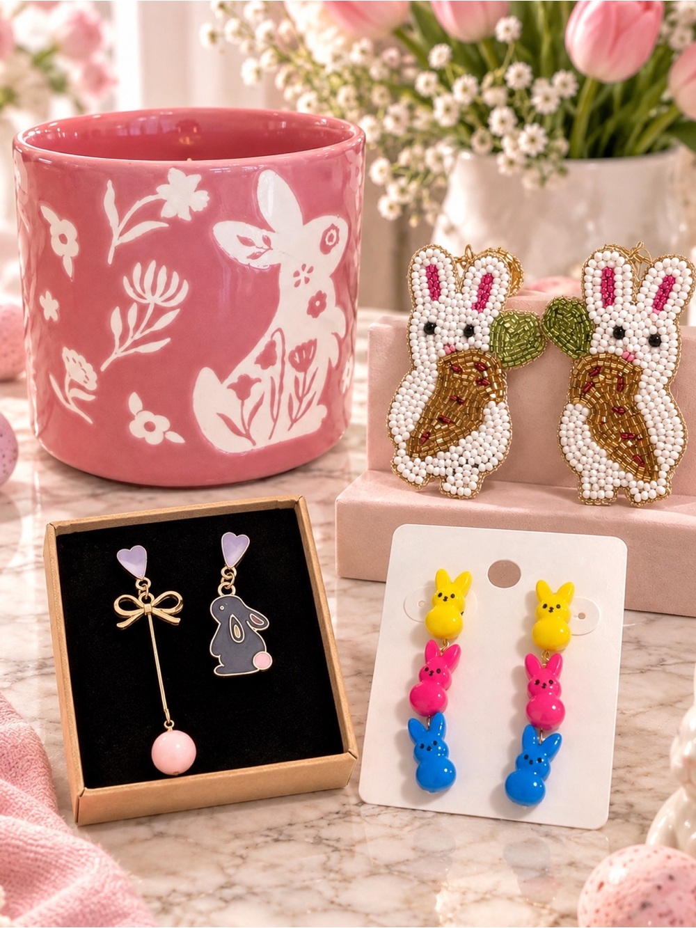 Colorful Easter/ Springtime Holiday Earrings and Candle Holder